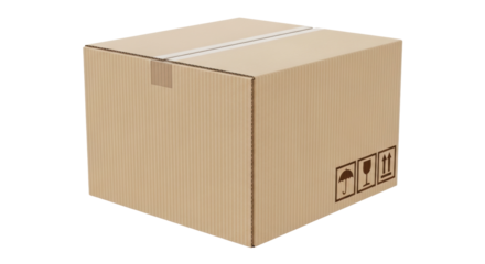 Cardboard box isolated PNG, brown corrugated container with fragile handling symbols for shipping and storage on transparent background