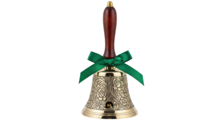 Ornate golden hand bell with green ribbon isolated PNG, vintage musical instrument for Christmas and holiday celebrations