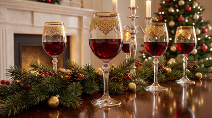 Christmas celebration dinner with crystal glasses of champagne and elegant gold decorations