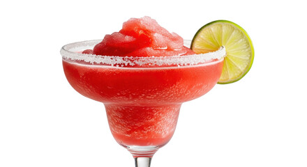 Refreshing red strawberry margarita in a glass with lime isolated PNG, summer cocktail drink for party and celebration on transparent background