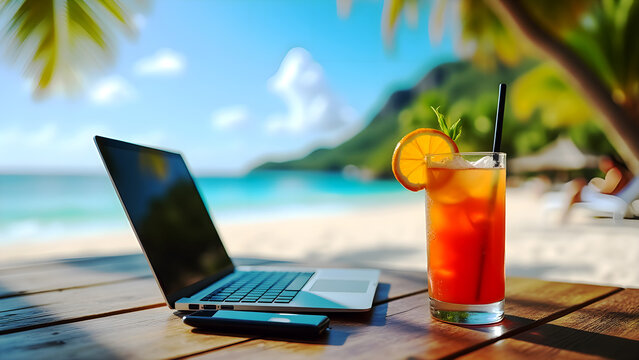 Work From Paradise: Laptop & Cocktail on Tropical Beach - Remote Work Lifestyle, Digital Nomad Dream, Vacation Office, Sunny Getaway