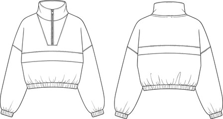 Pullover top vector, high collar, partial zip front, gathered hem and cuffs, front and back view,Pullover top vector, high collar, partial zip front, gathered hem and cuffs, front and back view,