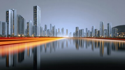 Urban skyline at dusk with modern skyscrapers reflecting in calm water, illuminated by city lights, creating a vibrant atmosphere of urban life and tranquility