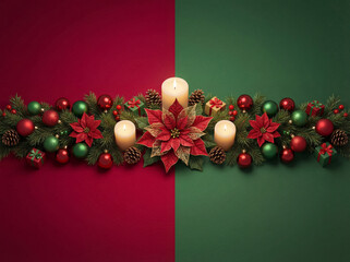 Festive Christmas background design with red and gold ornament balls, ribbons, and a decorative bow for a holiday greeting card