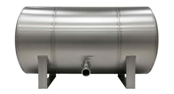 Stainless steel horizontal tank isolated PNG, industrial container for liquid storage on transparent background