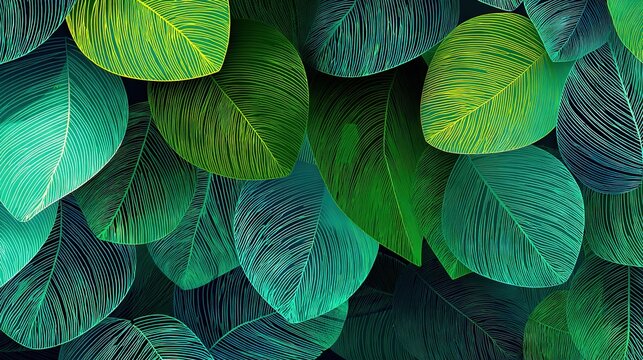 Luminous vibrant green to teal leaf collage background with overlapping foliage layers and fine line veins for posters, packaging, and eco themed campaigns