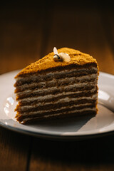 Close-up of a slice of layered honey cake with cream filling on a p...