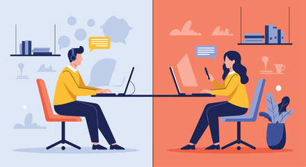 Fototapeta premium Man and woman working remotely from different locations but connected online through their laptops for a virtual meeting.