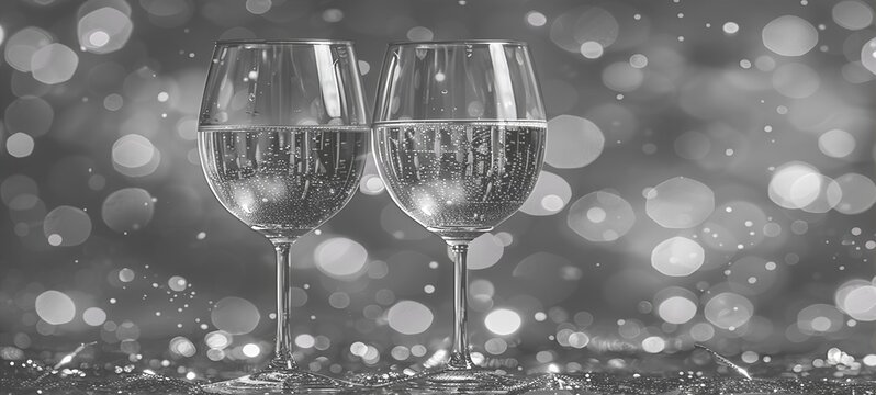 Elegant panoramic toast with two sparkling champagne glasses on a silver bokeh background