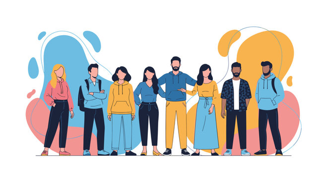 Diverse group of young people standing together as a team or community against a colorful abstract background.