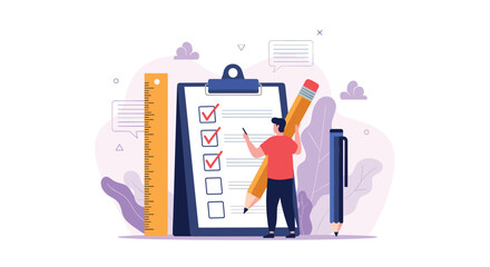 Man holding a large pencil to mark completed tasks with red checkmarks on a giant clipboard checklist for project management.