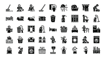 Collection of black and white cleaning and housework icons representing various chores