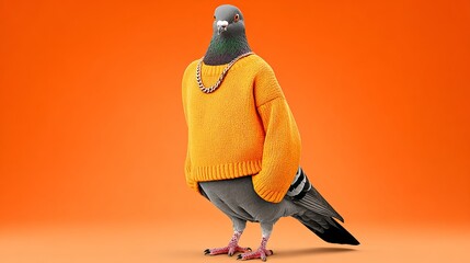 Pigeon wearing vibrant orange sweater and gold chain stands confidently against a bright orange background, showcasing a playful and humorous character in a whimsical setting
