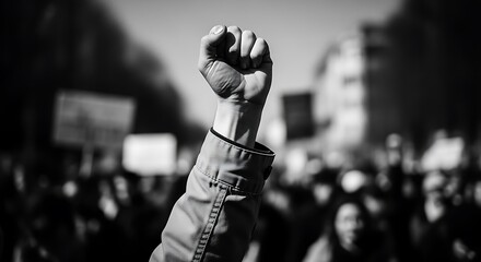Raised fist in the air during a protest march for human rights in city