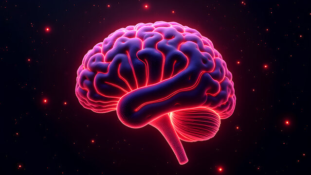 Brain Illustration: 3D Render of Human Brain with Red Glowing Outline on Dark Background - Neuroscience & Artificial Intelligence Art