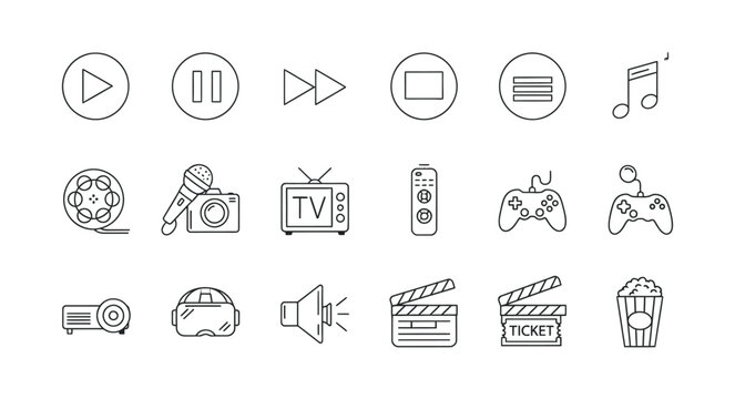 Hand drawn media and entertainment icons set for creative projects