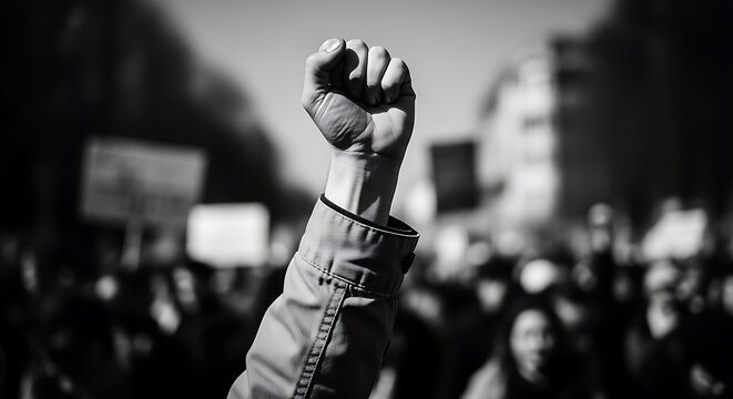 Raised fist in the air during a protest march for human rights in city - Powered by Adobe