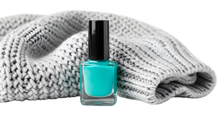 Teal nail polish on knit sweater, isolated on transparent background
