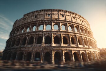 Fototapeta premium Ancient Roman amphitheater bathed in warm sunlight under a blue sky.