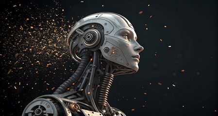 A futuristic cyborg head disintegrates into glowing particles of light