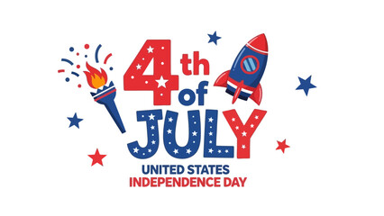Vibrant and celebratory design for the Fourth of July holiday, featuring a rocket, torch, and fireworks in patriotic American colors © nabila
