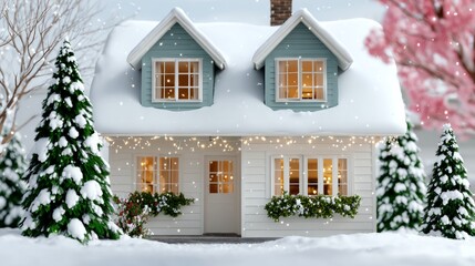 Cozy winter cottage covered in fresh snow, adorned with festive decorations, surrounded by evergreen trees, creating a warm and inviting holiday atmosphere for seasonal celebrations