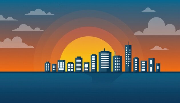 Sunset cityscape with buildings and clouds - Powered by Adobe