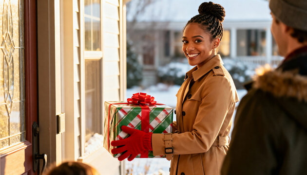A smiling young Black woman gives a wrapped Christmas present to a man at a front door. Holiday gift exchange between friends or a couple in winter.
