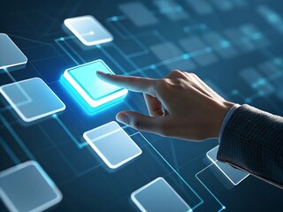 A hand interacts with a futuristic glowing interface of digital squares