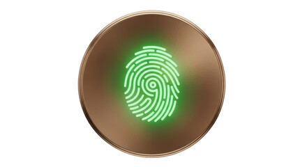 Glowing green fingerprint on a bronze round surface isolated PNG, biometric identification and security concept for technology and access control
