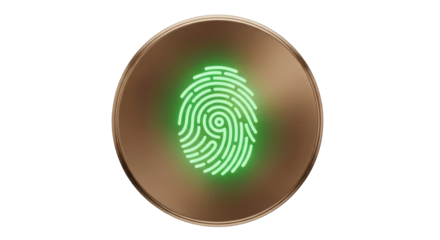 Glowing green fingerprint on a bronze round surface isolated PNG, biometric identification and security concept for technology and access control