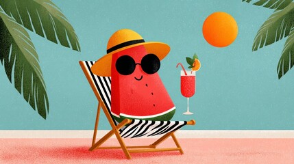 Watermelon character wearing sunglasses and a sun hat, relaxing on a deck chair with a tropical drink, surrounded by palm leaves and a bright sun, embodying summer vibes and leisure