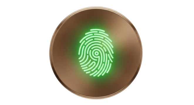 Glowing green fingerprint on a bronze round surface isolated PNG, biometric identification and security concept for technology and access control - Powered by Adobe