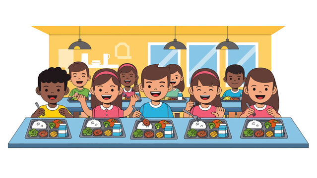 Diverse group of smiling children enjoying their healthy school lunch meals at a cafeteria table