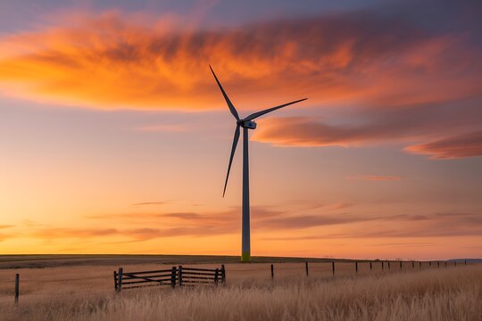 A solitary wind turbine stands against a vibrant sunset sky