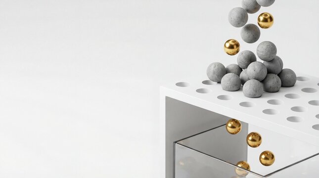 Golden spheres filtering through holes from grey ones, data mining and talent acquisition concept, copy space.