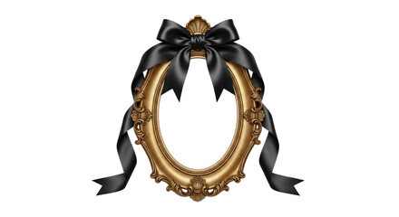 Ornate gold picture frame with black mourning bow isolated PNG, vintage style funeral memorial...