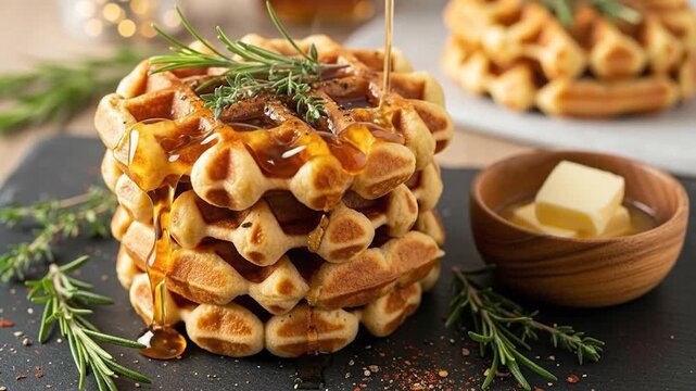 Golden stack of waffles with pouring syrup and fresh rosemary delicious breakfast dessert food