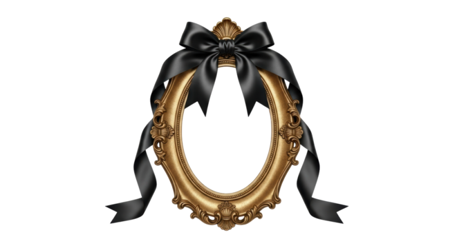 Ornate gold picture frame with black mourning bow isolated PNG, vintage style funeral memorial graphic on transparent background