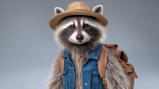 Raccoon wearing a straw hat and denim jacket, carrying a backpack, stands confidently against a soft gray background, showcasing a whimsical and adventurous character in a playful setting