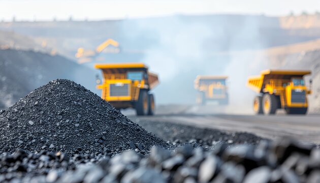 Close-up of a coal pile with blurry mining trucks in a quarry