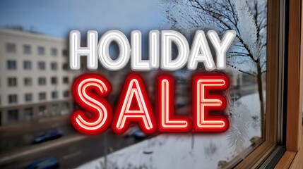 Bright neon sign displaying holiday sale message, illuminated against a wintery backdrop, with snow-covered streets and trees visible through the window, creating a festive shopping atmosphere