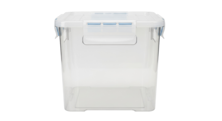 Transparent plastic storage container isolated PNG, clear box with lid for organizing household items on transparent background