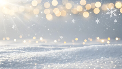 Soft focus winter snowfall with golden bokeh lights and snowflakes