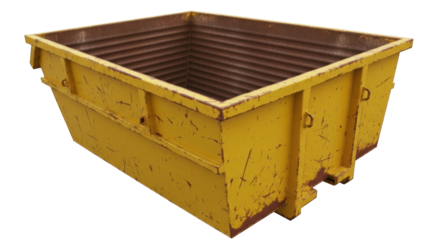 Yellow metal skip isolated PNG, industrial waste container for construction site or recycling center on transparent background