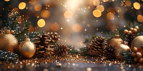 Sparkling Gold Christmas Decorations Panoramic View with Bokeh Lights and Pine Cones and Festive Glitter