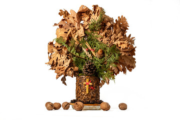 Orthodox Christian celebration - Badnjak with walnuts. Serbian Christmas - Bozic. Badnjak grain and straw, isolated on white background with Clipping Path included