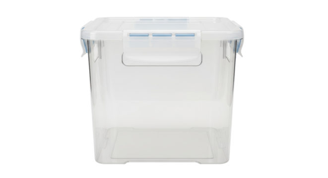 Transparent plastic storage container isolated PNG, clear box with lid for organizing household items on transparent background