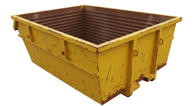 Yellow metal skip isolated PNG, industrial waste container for construction site or recycling center on transparent background