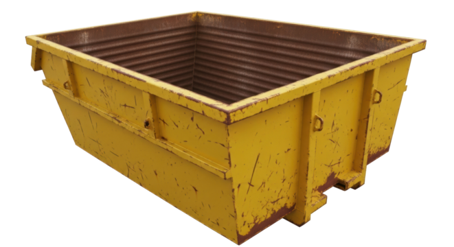 Yellow metal skip isolated PNG, industrial waste container for construction site or recycling center on transparent background